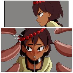 1girls ajna_(indivisible) asian blowbang brown-skinned_female brown_hair brown_skin collar comic dark-skinned_female dark_skin foreskin imminent_rape indivisible inuyuru lab_zero_games leash multiple_boys multiple_penises rape slave southeast_asian surrounded_by_penises sweat tagme text