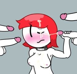 anon blush boobs breasts collar cum cum_in_face cute ellie_rose fleeing_the_complex handjob henry_stickmin_(game) naked penis pink_nipples red_hair semen stabbable stickman white_skin