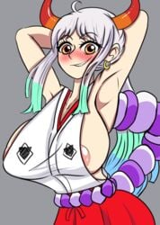 1girls areolae armpits arms_behind_head big_breasts blue_hair blush breasts brown_eyes clothed clothing curvy demon ear_piercing earrings eye_contact faramound female female_focus female_only gradient_hair grey_background hakama hi_res highres hoop_earrings horned_humanoid horns huge_breasts humanoid large_breasts light-skinned_female light_skin long_hair looking_at_viewer multicolored_hair one_piece oni oni_horns revealing_clothes sideboob simple_background solo two_tone_hair upper_body white_hair wide_hips yamato_(one_piece) yamato_(one_piece)_(episode_995) yokai