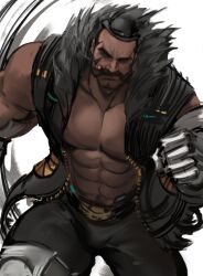 2018 abs activision armor belt biceps black_hair black_pants black_topwear black_vest blizzard_entertainment bob_(overwatch) body_hair bowler_hat chaps cigar dark_skin deltoids dopq facial_hair fur-lined_jacket gauntlets hairy hairy_chest handlebar handlebar_mustache handwear hat headwear hi_res hires human looking_at_viewer male male_only moustache overwatch pecs running shirtless smoking solo tobacco topwear vest yy6242