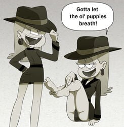 1girls 2020 alternate_outfit barefoot black_and_white detective earrings feet grayscale happy_female hat headwear leni_loud long_hair looking_at_another mannysdirt nickelodeon outerwear panties showing_off talking_to_viewer text_bubble the_loud_house