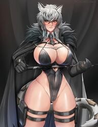 1girls arknights badcompzero big_breasts big_legs blush breasts busty female female_only genderbend huge_breasts large_breasts leopard_ears leopard_tail male_to_female rule_63 short_hair silverash_(arknights) snow_leopard_humanoid solo thick_thighs thigh_strap thighs voluptuous white_hair