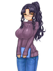 1girls absurd_res busty curvy fate/extra fate/grand_order fate_(series) female glasses highres huge_breasts ribbed_sweater sesshouin_kiara steamingtofu sweater white_background