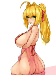 1girls absurd_res ahoge arm_under_breasts ass blonde_hair blush busty curvy dress fate/extra fate/grand_order fate_(series) green_eyes hair_intakes hair_ribbon high_ponytail highres large_ass large_breasts long_hair looking_at_viewer nero_claudius_(fate) no_panties ponytail red_dress revealing_clothes ribbon see-through see-through_clothing sideboob sitting smile steamingtofu thick_thighs