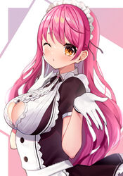 1girls aizono_manami asahi_yu barely_contained big_breasts blush breasts brown_eyes cleavage exposed_breasts maid maid_headdress maid_uniform nijisanji orange_eyes pink_hair revealing_clothes virtual_youtuber wink