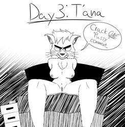 2021 alien anthro arms_behind_back breasts caitian_(species) catober character_name dr._t'ana english_text eye_bags fangs felid feline furry himitsushere humanoid inner_ear_fluff looking_at_viewer mammal monochrome navel nipples nude sitting snaggle_tooth speech_bubble spread_legs star_trek star_trek_lower_decks tuft vulva whiskers