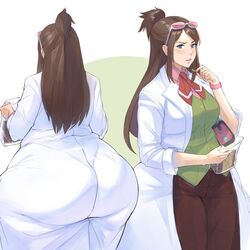 1girls 2021 ass back_view bamboo_ale bbw big_ass bottom_heavy brown_hair clothed clothing ema_skye fat_ass female glasses gyakuten_saiban hair houzuki_akane huge_ass hyper hyper_ass labcoat massive_ass pants solo thick_thighs voluptuous wide_hips