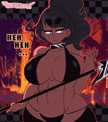 abs big_breasts bikini black_bikini black_hair breasts busty curvy dark-skinned_female dark_skin dialogue fin fit fit_female muscular muscular_female original original_character sasha sasha_(spicyfuse) shark shark_girl spicyfuse string_bikini tan tan_skin tanned tanned_skin text thick_thighs thighhighs thong toned toned_female