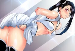 1_eye 1girls adjusting_clothes arrancar ass asymmetrical_bangs bangs big_ass black_hair bleach blush breasts center_opening cleavage clenched_teeth clothes_lift daraz18aka embarrassed favorite female highres legwear light-skinned_female light_skin loly_aivirrne long_hair looking_at_viewer looking_back medium_breasts navel no_bra one_eye_covered panties parted_bangs petite pleated_skirt red_eyes revealing_clothes round_ass shiny shiny_hair shiny_skin shounen_jump skindentation skirt skirt_lift solo solo_focus stomach thigh_boots thighhighs twintails two_side_up underboob underwear white_skirt