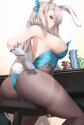 1girls 2021 ass ass_focus ass_shot asuna_(blue_archive) asuna_(bunny)_(blue_archive) backboob blonde_hair blue_archive blue_eyes blue_leotard breasts bunny_ears bunny_girl bunny_tail bunnysuit female female_focus female_only hair_over_one_eye hi_res highleg_leotard huge_ass huge_breasts leotard long_hair millennium_science_school_student nevin_(flyskying) pantyhose poker_chip poker_table reaching_back sheer_legwear sideboob simple_background sitting stool thick_thighs thighs very_long_hair white_background