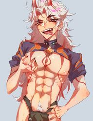 1boy 1male abs arataki_itto bara big_breasts big_chest big_pecs buff claws collar earrings fangs genshin_impact grabbing_own_breast gray_hair horns male male_only muscles muscular muscular_male painted_nails pointy_nails pointy_teeth presenting presenting_breasts red_eyes rerin solo solo_male tattoos tongue tongue_out white_hair