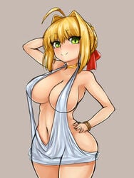 absurd_res ahoge arm_behind_head blonde_hair blush bracelet braid choker curvy dress fate/extra fate/grand_order fate_(series) green_eyes hair_bun hair_intakes hair_ribbon hand_on_hip highres jewelry large_breasts looking_at_viewer navel nero_claudius_(fate) revealing_clothes ribbon smile steamingtofu thick_thighs white_dress wide_hips