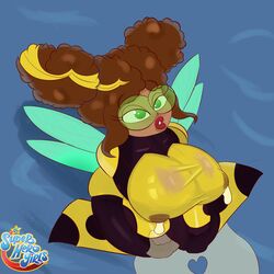 1girls afro_puffs big_breasts bimbo blush bumblebee_(dc) dark-skinned_female dc dc_comics dc_super_hero_girls erect_nipples female female_only karen_beecher lactation magicapencil nipples_visible_through_clothing solo thick_lips wet_clothes wet_shirt