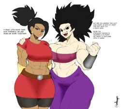 2girls 3rd_party_edit 5lapp abs armwear baggy_pants beltskirt big_ass big_breasts caulifla dialogue dragon_ball dragon_ball_super edit embo english_text female_only full_color fully_clothed kale multiple_girls muscle red_lipstick sweatdrop thick_thighs wide_hips