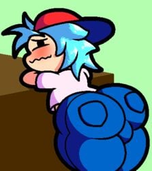 1boy ballsack baseball_cap big_ass big_butt blue_hair blush blushing_profusely boyfriend_(friday_night_funkin) bubble_butt curvy cute_bum cute_face dat_ass embarrassed femboy femboyfriend friday_night_funkin huge_ass huge_butt leaning_on_object looking_at_viewer looking_back male male_only newgrounds pants presenting_hindquarters red_cap regalroyal_(artist) shirt showing_ass thick_ass thick_legs thick_thighs white_skin wide_hips