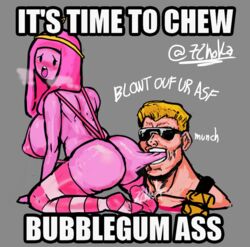 1boy 1girls 72hoka adventure_time alternate_body_type alternate_breast_size ass biting catchphrase crossover dialogue duke_nukem duke_nukem_(series) english_text female full_body funny grey_background kneeling knees_apart_feet_together male meme no_shoes pink_hair pink_skin princess_bubblegum simple_background sling_bikini slingshot_swimsuit smile sunglasses tongue_out