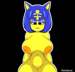 1girls animal_crossing ankha ankha_(animal_crossing) annoyed anthro areola big_breasts blue_hair bored breasts cat_ears cat_humanoid catgirl disappointed eyelashes eyeshadow fangs feline female female_only hourglass_figure ketadune lipstick looking_at_viewer looking_down naked nintendo orange_nipples purple_eyeshadow purple_lipstick thighs vagina voluptuous yellow_body yellow_fur