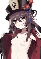 1girls anba_kohaku blush breasts brown_hair female female_only flashing genshin_impact hat hi_res hu_tao_(genshin_impact) looking_at_viewer nipples no_bra pale-skinned_female pale_skin petite red_eyes small_breasts smile smug upper_body