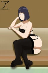 arekusanderu black_panties boruto:_naruto_next_generations female garter garter_belt garter_straps hyuuga_hinata lace-trimmed_thighhighs lingerie looking_at_viewer naruto nipples_visible_through_clothing seductive_smile see-through see-through_bra see-through_clothing short_hair sitting solo