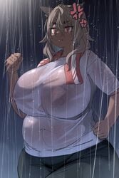 1girls annoyed areolae big_belly big_nipples blonde_hair breasts cat_ears catgirl chubby chubby_female exercise female female_only handjob_gesture indie_virtual_youtuber large_breasts nipples nipples_visible_through_clothing rain see_through short_hair solo t-shirt tight_pants virtual_youtuber voluptuous wet wet_clothes yana_(nekoarashi) yana_(vtuber)