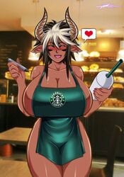 1girls animal_ears apron apron_only blonde_hair blush bovine bovine_humanoid breasts breasts_bigger_than_head bushinryu11 cathyl_(monster_musume) cattle closed_eyes clothing cow_girl digital_drawing_(artwork) digital_media embarrassed female female_focus female_minotaur female_only hair heart holstaurus horns humanoid iced_latte_with_breast_milk indoors meme minotaur minotaur_female minotaur_girl monster_girl monster_musume_no_iru_nichijou no_bra no_panties short_hair smile smiling_at_viewer starbucks tagme tan_skin