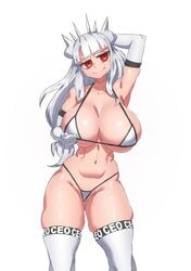 1girls armpits big_breasts breasts demon_girl eye_contact female gloves grabbing_own_breast helltaker horns huge_breasts long_hair looking_at_viewer lucifer_(helltaker) makinakid micro_bikini red_eyes solo standing thigh_gap thighhighs thighs thong white_background white_hair