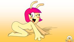 antennas ass bad_anatomy blushing crazy_heroes doggy_style estudiomega fun_(estudiomega) legs oc pink_hair pose posing rainbow_eyes yellow_skin