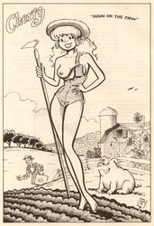 1990 1990s 1animal 1boy 1girls 20th_century barn barn_house border breast_out breast_outside breasts briefcase character_name cherry_poptart cherry_poptart_(comic) cloud clouds day daytime facing_viewer farm farm_girl farmer farmgirl full_body grin hand_on_hip happy hat hoe hoe_(tool) larry_welz looking_at_viewer monochrome naked_overalls nipple one_breast_out one_breast_out_of_clothes outdoors overall_shorts overalls pig pinup salesman shit-eating_grin small_breasts standing straight_hair sunflower sunflowers tool tractor trees twintails wooden_fence year