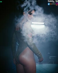 1girls ass breasts cd_projekt_red cgi cyberpunk_2077 dress eye_contact female goldy_3d nipples outfit panam_palmer smoke smoking smooth_skin solo solo_female straight