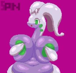 2020 :o antennae areolae artist_logo belly belly_button big_breasts breasts chubby covered_nipples cropped_legs dragon eyelashes goodra green_eyes green_nipples hands_on_breasts horns large_areolae large_breasts nintendo open_mouth pink_background pixel_art pokémon_(species) pokemon pokemon_(species) pokemon_xy purple_body purple_skin shiny_skin spinneborg watermark wide_hips