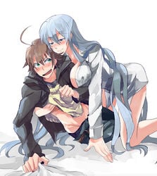 age_difference akame_ga_kill! blue_eyes blue_hair blush blush brown_hair embarrassed esdeath_(akame_ga_kill!) green_eyes hand_on_chest hand_under_clothes hand_under_shirt large_breasts long_hair older_female robe seductive seductive_eyes seductive_look seductive_smile short_hair tatsumi_(akame_ga_kill!) white_robe younger_male