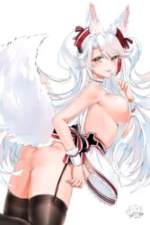 1girls :p absurdres animal_ear_fluff animal_ears apron ass azur_lane bangs black_legwear blush breasts dated eyebrows_visible_through_hair female finger_to_mouth fox_ears fox_girl fox_tail garter_straps highres iron_cross kemonomimi_mode large_breasts leaning_forward long_hair looking_at_viewer looking_to_the_side mole mole_on_breast naked_apron prinz_eugen_(azur_lane) red_hair ribbon sideboob signature silver_hair simple_background smile solo streaked_hair swept_bangs tail thighhighs tongue_out two_side_up very_long_hair white_apron white_background wrist_cuffs yellow_eyes yukineko1018