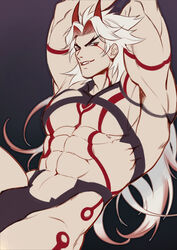 1boy abs arataki_itto arms_behind_head bara big_breasts big_muscles big_pecs breasts collar genshin_impact harness horns male male_lactation male_only mius muscles muscular muscular_male pecs solo tattoo tattoos white_hair yaoi