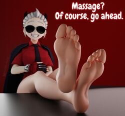 3d_(artwork) black_nails clothed clothing colored_nails demon digital_media_(artwork) english_text eyewear feet female fingerless_gloves fingers foot_fetish foot_focus foot_on_table footwear furniture gloves hair handwear helltaker hi_res high_heels horn human humanoid humanoid_feet justice_(helltaker) looking_at_viewer mammal n00b-body nails necktie not_furry pedicure plantigrade red_clothing red_shirt red_topwear shirt shoes simple_background smile soles solo sunglasses table teasing text toes topwear white_hair wide_hips