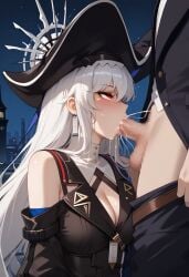 1girls ai_generated arknights blowjob cleavage cum cum_in_mouth cum_inside deepthroat female hexd looking_up_at_partner red_eyes shark_girl specter_(arknights) white_hair