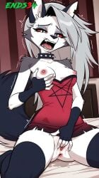 ai_generated dress ends34 female female_only furry furry_female goth_girl helluva_boss long_hair loona_(helluva_boss) masturbation medium_breasts pussy_juice stockings tail wolf_girl