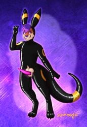 anthro balls bittervow clothing costume eeveelution generation_2_pokemon genitals gesture happy kangaroo latex macropod male mammal marsupial nintendo penis pokemon pokemon_(species) presenting smile solo squeak steki_the_roo suit suiting umbreon waving