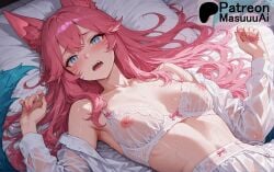 ahri ahri_(league_of_legends) ai ai_generated animal_ear_fluff animal_ears animal_tail bangs bare_shoulders bed bed_sheet blue_eyes blush bow bow_bra bra breasts clavicle clothing collarbone facial_mark female female_only fingernails fox_ears fox_girl fox_tail garter_belt hair_between_eyes lace_trim large_breasts long_hair long_sleeves looking_at_viewer lying medium_breasts miqo'te nail_polish navel nipples no_bra off_shoulder on_back on_bed open_clothes open_mouth open_shirt original pantsu parted_lips pillow pink_hair pink_nails see-through shirt slit_pupils solo spirit_blossom_ahri sweat tail teeth underwear upper_body wet wet_clothes whisker_markings white_bra white_shirt