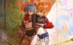 2girls asuka_langley_sohryu black_nail_polish black_nails blue_eyes blue_hair blush chain_leash choker collar eyepatch female female_only fishnet_legwear fishnet_pantyhose fishnets graffiti hair_ornament heart_choker heart_collar heart_tattoo leash leash_and_collar navel navel_piercing neon_genesis_evangelion one_eye_closed orange_hair painted_nails pierced_ears piercing red_eyes rei_ayanami spiked_collar sweat tattoo tattoo_under_eye the_end_of_evangelion torn_clothes torn_legwear underboob waligner