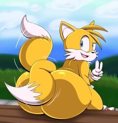 absurd_res anthro ass bench big_ass canid canine clothing footwear footwear_only fox gesture gloves hand_gesture handwear hi_res looking_at_viewer looking_back male mammal mostly_nude on_bench outside sega shoes shoes_only sitting sitting_on_bench solo sonic_(series) sonic_the_hedgehog_(series) swishing_tail tails tails_the_fox tepigfan101 v_sign