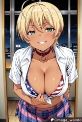1girl1boy ai_generated american_flag_bikini big_breasts bikini blonde_hair blush breasts choker cleavage dark-skinned_female dark_skin female food_wars green_eyes huge_breasts looking_at_viewer male mito_ikumi omega_weirdo patreon posing shirt shokugeki_no_souma short_hair skirt smile smiling smiling_at_viewer smug solo solo_female tease teasing teasing_viewer