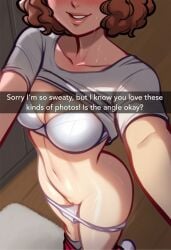 1girls ai_generated atlus bra brown_hair clothed collarbone crimsoncurse face_out_of_frame female female female_only haru_okumura head_out_of_frame indoors large_breasts legs lips locker_room navel panties_down pants_down partially_nude persona persona_5 persona_5_royal pussy pussy_juice revealing_pussy selfie showing_off smile snapchat sweat text text_box white_bra
