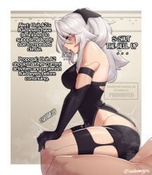 1boy ass bare_shoulders black_shirt black_shorts border breasts english_text female from_side grey_hair high_ponytail highres implied_sex isabongos large_breasts long_hair male nier:_automata nier_(series) ponytail profile shirt shorts simple_background solo_focus straight sweat white_border yorha_a2