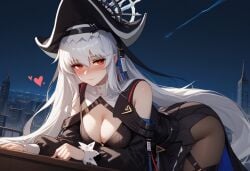 ai_generated arknights ass ass_up bending_over bent_over blush cleavage heart heart hexd inviting large_breasts red_eyes shark_girl specter_(arknights) thighs white_hair