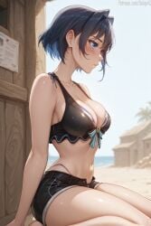 1girls ai_generated bare_shoulders beach big_breasts bikini blue_eyes blue_hair female female_only hololive hololive_english hololive_english_-council- hololive_english_-promise- looking_away navel on_knees ouro_kronii patreon salupai short_hair shorts side_view solo_female uncensored watermark