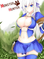 asuru belt blue_eyes breasts capcom cleavage dean highres large_breasts long_hair monster_hunter monster_hunter_frontier navel nipple_slip nipples pointy_chin ribbon skirt thighhighs wet white_hair zettai_ryouiki