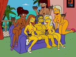 1boy 5girls 5girls1boy breasts breasts breasts_out imminent_orgy imminent_sex moe_szyslak nude nude_female nude_male penis sofa the_simpsons vacation