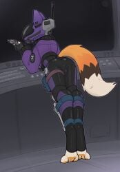 2025 absurd_res anthro arm_support armor armor_plates ass balls_outline barefoot biped black_latex bodysuit brown_body brown_fur bulge canid canine clothed clothing control_panel cropped_jacket detailed_bulge digitigrade feet fingerless_gloves fluffy fluffy_tail fox fully_clothed fur futuristic futuristic_helmet genital_outline gloves handwear headgear helmet hi_res hindpaw holding_object humanoid_hands jacket latex latex_bodysuit latex_clothing latex_skinsuit leaning leaning_forward leaning_on_elbow male mammal orange_body orange_fur pawpads paws purple_clothing purple_helmet purple_jacket purple_latex purple_topwear rear_view roone_(rvnatics) roonefox shaded skinsuit solo standing tail thigh_pouch tight_clothing topwear white_body white_fur yellow_pawpads