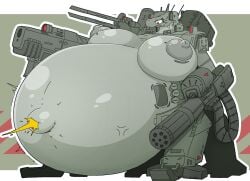 1girls 4_legs antennae armor armored_female big_areolae big_navel body_markings gigantic_breasts gun gun_arm hage hyper_belly lights living_machine looking_at_belly looking_at_self machine mechanical military minigun navel popped_navel railgun red_eyes simple_background solo solo_female under_attack weapon