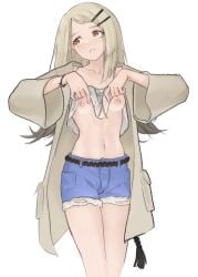 1girls blonde_hair blush blush_lines bracelet coat dreibain female female_focus female_only gakuen_idolmaster hairclip idolmaster lifting_shirt long_hair looking_away nipples no_bra orange_eyes pink_nipples presenting_breasts shinosawa_hiro shirt_lift shorts showing_breasts simple_background skinny small_breasts solo solo_female solo_focus thick_thighs waist white_background